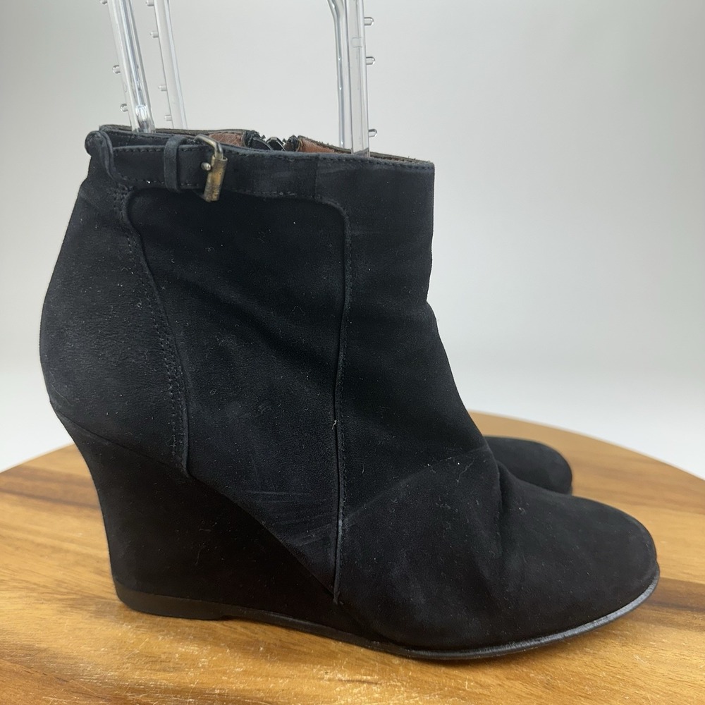 Womens Lanvin Black Suede Buckle Zip Wedge Ankle Boots Booties Size 37.5 GUC